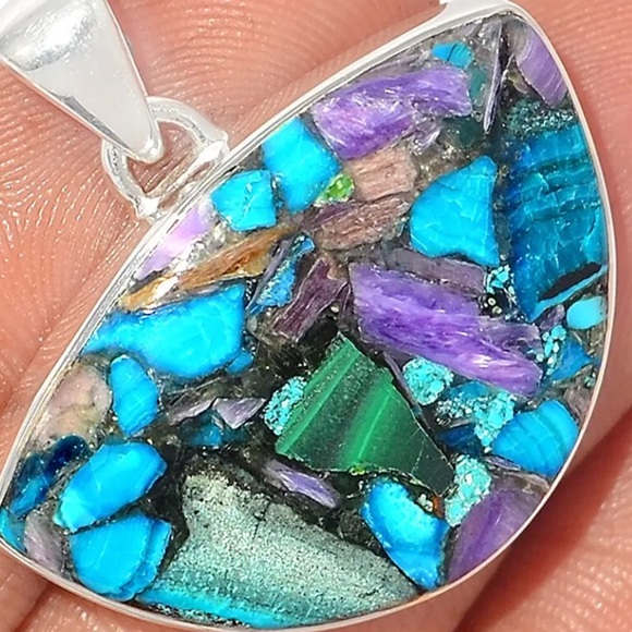 Siberian Charoite in Chrysocolla silver pendants - Picture 2 of 2